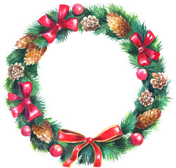 Fototapeta na wymiar Сhristmas pine tree wreath with red bow
