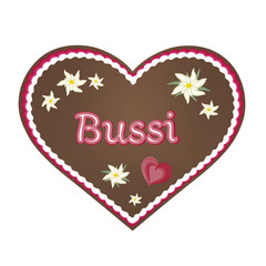 Lebkuchenherz mit roter Zuckerklasur, Herzen und Edelweiß mit Text "Bussi"
