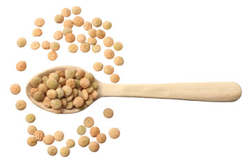 Pile lentil in wooden spoon isolated on white background. Top view.
