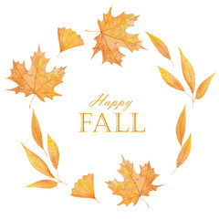 Watercolor wreath with colorful autumn leaves. Round frame with golden fall leaves. Hand drawn elements for postcard, scrap booking, stickers, invitations, and other design.  
