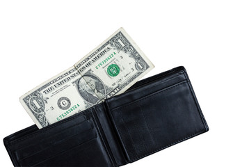 One dollar in empty leather wallet isolated on white background. No money concept. Poverty and unemployment.