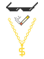 Funny pixelated boss sunglasses. Gangster, thug glasses, gold chain and cigar. Vector illustration.