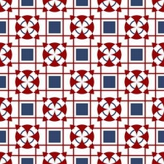 Red, blue, white art deco vector seamless pattern. Geometric shape multicolored elements on monochromatic background. 