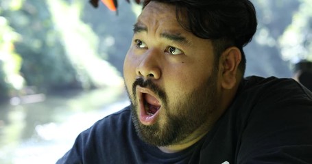 Fat tourists with mustache, enjoying nature, boat and river tourists, nature tourism