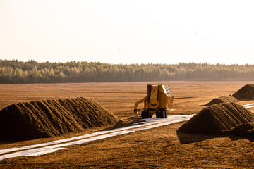 Turf extraction field with excavator tractor in sunset time, peat field