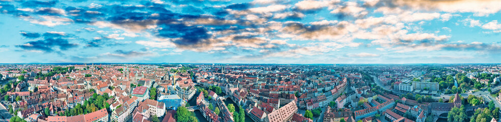 Nuremberg, Germany. Drone panoramic aerial view from a vantage viewpoint along city river
