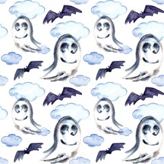 Halloween seamless pattern with halloween ghost and bat. Cute naive watercolor