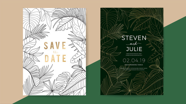 Luxury wedding invitation cards with gold design texture, modern geometric shape whit tropical leaves, Vector design template for brand identity, invite card, greeting card, brochure and cover 