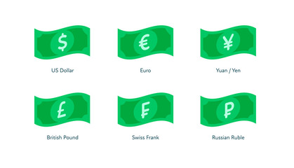 Vector banknote money flat icon illustration. Set of flying world currency as dollar, euro, pound, frank, yuan and yen isolated on white. Design element for banner, poster, banking, payment, website.