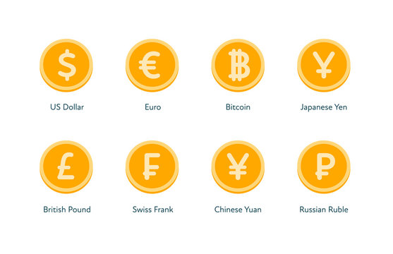 Vector coin money flat icon illustration. Set of world currency as dollar, euro, pound, frank and yuan isolated on white background. Design element for banner, poster, banking, payment, website, web.