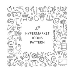 Hypermarket store food, appliances, clothes, toys icons background frame pattern