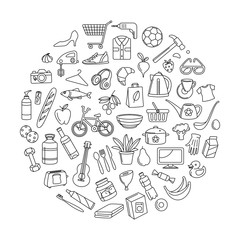 Hypermarket store food, appliances, clothes, toys icons background frame pattern