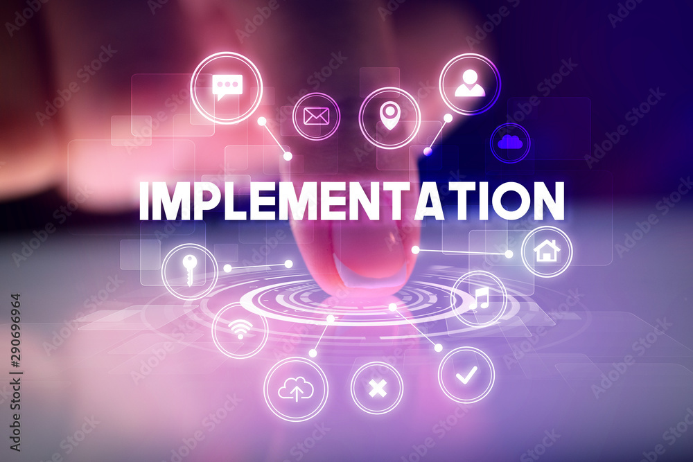 Poster finger touching tablet with web technology icons and implementation inscription, web technology conc