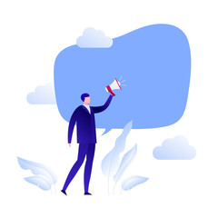 Vector flat business leadership and marketing illustration. Male with loud speaker and talk bubble. Concept of motivation, promotion, announcement. Design element for banner, poster, card, flyer, web.