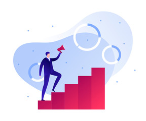 Obraz premium Vector flat business leadership illustration. Male with megaphone walk on ladder to the top. Concept of motivation, success, announcement. Design element for banner, poster, card, flyer, web.