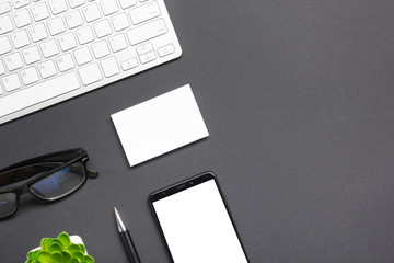 Office desk table with supplies. Flat lay Business workplace and objects. Top view. Copy space for text