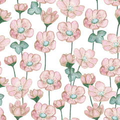 Watercolor pattern, pink-red flowers, stems, leaves. Suitable for decoration, cover, packaging paper, textiles.