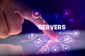 Finger touching tablet with web technology icons and SERVERS inscription, web technology concept