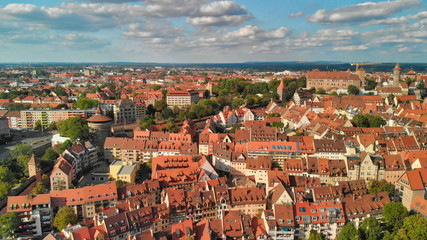 Nuremberg, Germany. Drone aerial view from a vantage viewpoint along city river