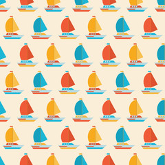 Marine seamless pattern in flat vector. Yacht, boat, sailboat, ship. Travel by sea transport. Bright, colorful background for packaging, fabrics, textiles.
