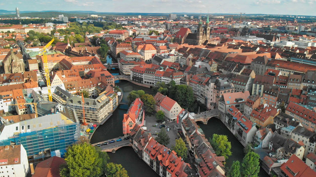 Nuremberg, Germany. Drone aerial view from a vantage viewpoint along city river