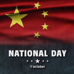 China National Holiday. China Flag background with yellow stars and red color. Text: National Day