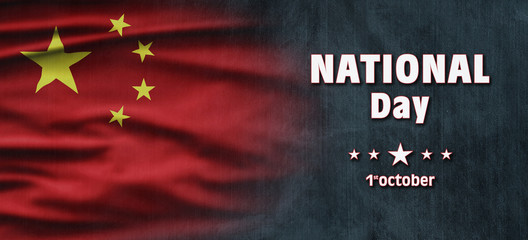 China National Holiday. China Flag background with yellow stars and red color. Text: National Day