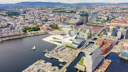 Oslo, Norway. City center from the air. Embankment Oslo Fjord. Oslo Opera House, From Drone - obrazy, fototapety, plakaty