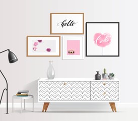 White sideboard, standing lamp and posters on white wall. Modern interior in pink, white, gold and grey colors and geometric patterns. Vector illustration