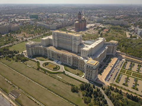 Bucharest, Romania: Aerial view of Palace of the Parliament in Bucharest