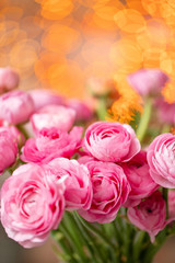 Persian buttercup. Bunch Crimson pink ranunculus flowers in Glass vase. Garland bokeh on background. Vertical Wallpaper