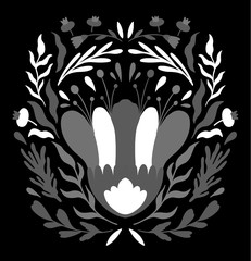 Ethno folk monochrome decorative floral ornament. Symmetry specular composition. Drawing abstract ornament.