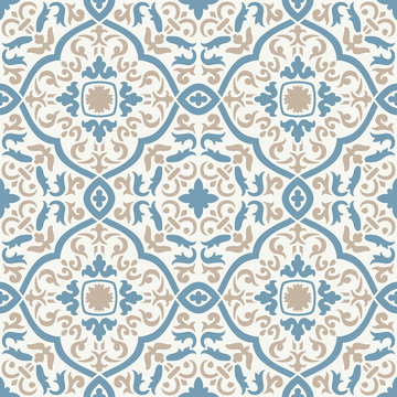 Blue and Gold Moroccan Floral Tile Seamless Pattern