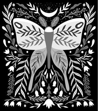 Ethno folk monochrome buttrfly decorative floral ornament. Symmetry specular composition. Drawing abstract ornament.