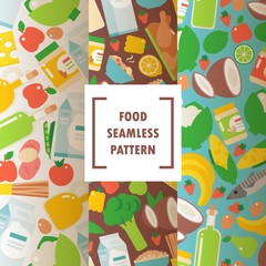 Naklejka premium Healthy organic food seamless pattern, vector illustration. Flat style icons of natural food products and ingredients for healthy meal. Fruits, vegetables and other groceries