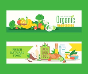 Organic healthy food from local farmers, fresh eco products, Vector illustration. Banners in flat style for organic grocery store or website with information about health and food