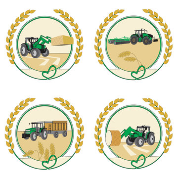 Set of logos for agriculture with the image of a tractor and cereals