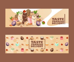 Turkish delight eastern sweets, vector illustration banners. Colorful traditional lokum dessert, exotic east delicacy. Selection of delicious Turkish sweets with nuts and sesame