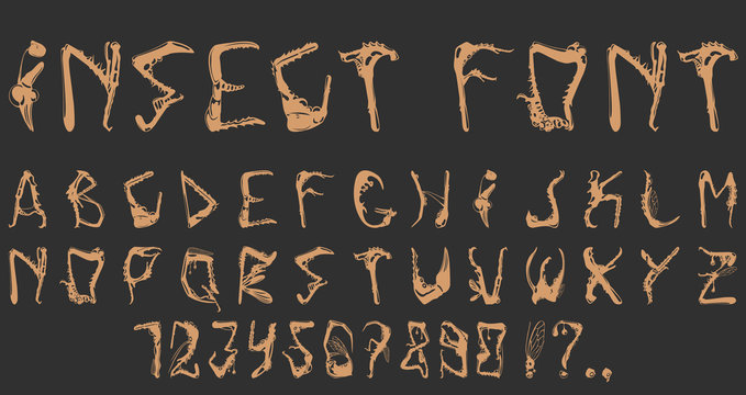 Vile font from different parts of the insects. Paws, antennae, wings, etc.