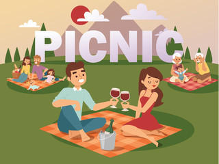 People on summer picnic vector illustration. Young family with children, romantic couple on date, grandparents playing with granddaughter. Happy time together