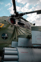 Close-up of a Russian green military helicopter, details