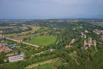 Panoramic view Castello scaligero in the town of Valeggio sul Mincio. drone.