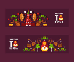 Russian tour information banners, vector illustration. Flat style header welcome to Russia. Travel booklet header with icons and symbols of Russian culture