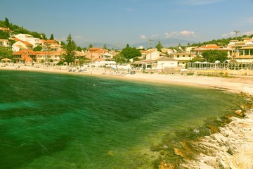 Kassiopi beach. Filtered retro color style.