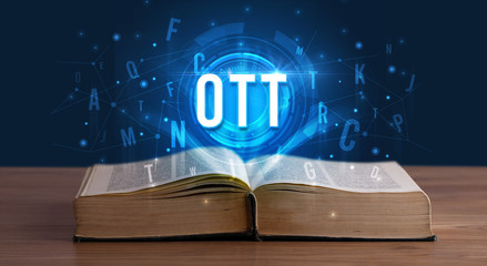 OTT inscription coming out from an open book, digital technology concept