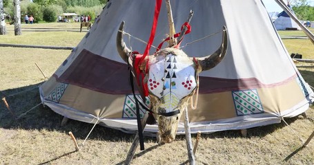 Fort Bridger Mountain Man rendezvous Indian bison skull. 19th century fur trading outpost on Oregon, California, and Mormon Trail. Pioneer, wilderness, camping and old trapper skills.