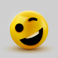Emoji yellow winking face. Funny cartoon emoticon icon. 3D illustration for chat or message.