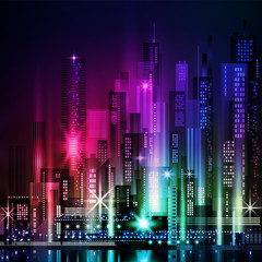 Plakat Vector night city illustration with neon glow and vivid colors.