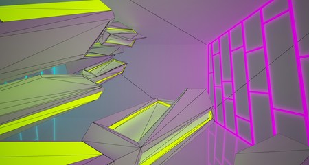 Abstract architectural drawing white interior of a minimalist house with color gradient neon lighting. 3D illustration and rendering.