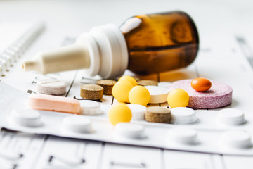 Pills, supplements and medicines for the disease. A pile of various pills and a bottle of therapeutic drops in a bottle on a calendar background.